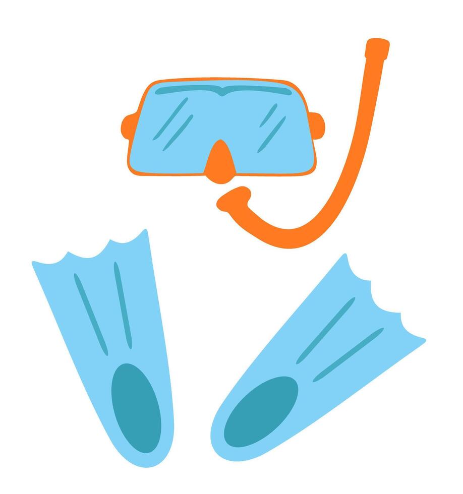 Snorkel, flippers isolated on white background. Bright summer set diving mask, snorkel and pair of flippers vector