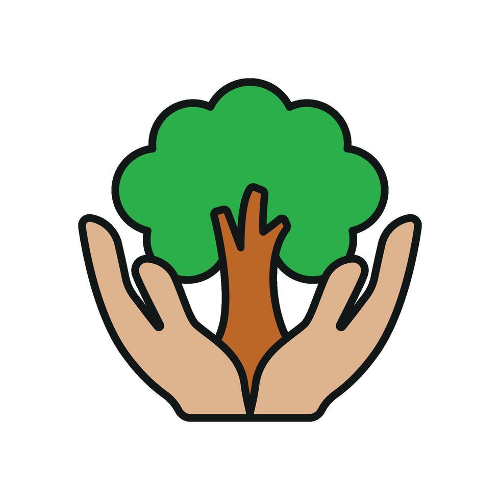Hand cradling a tree in bright natural colors delivers a compassionate nature care icon. vector