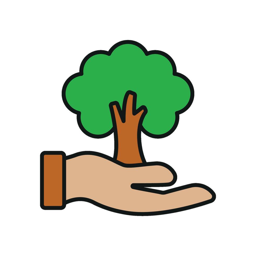 Tree growing from a hand in soft green and brown tones creates a warm and peaceful icon. vector