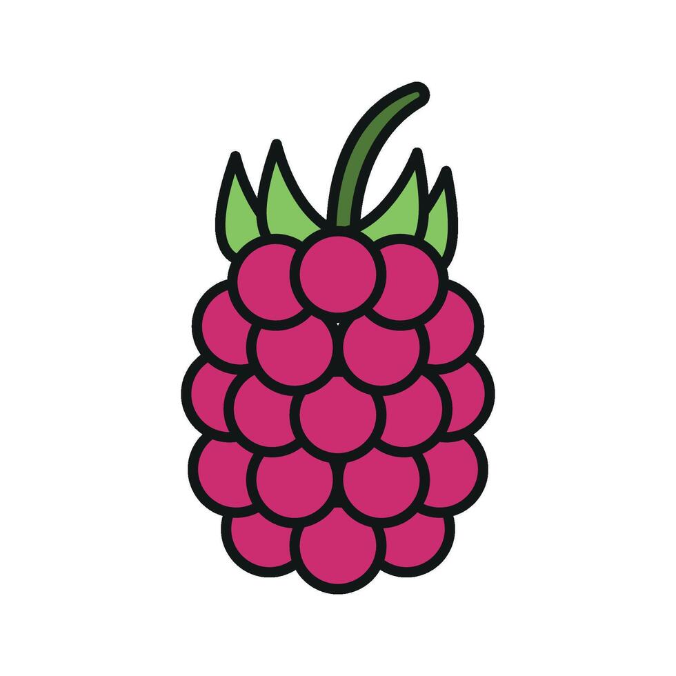 Raspberry in deep pink with green leaves builds a juicy and sweet fruit icon. vector