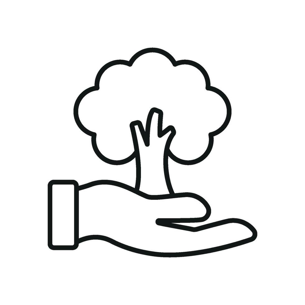 Tree growing from hand with outlined lines creates a caring and eco-conscious icon. vector