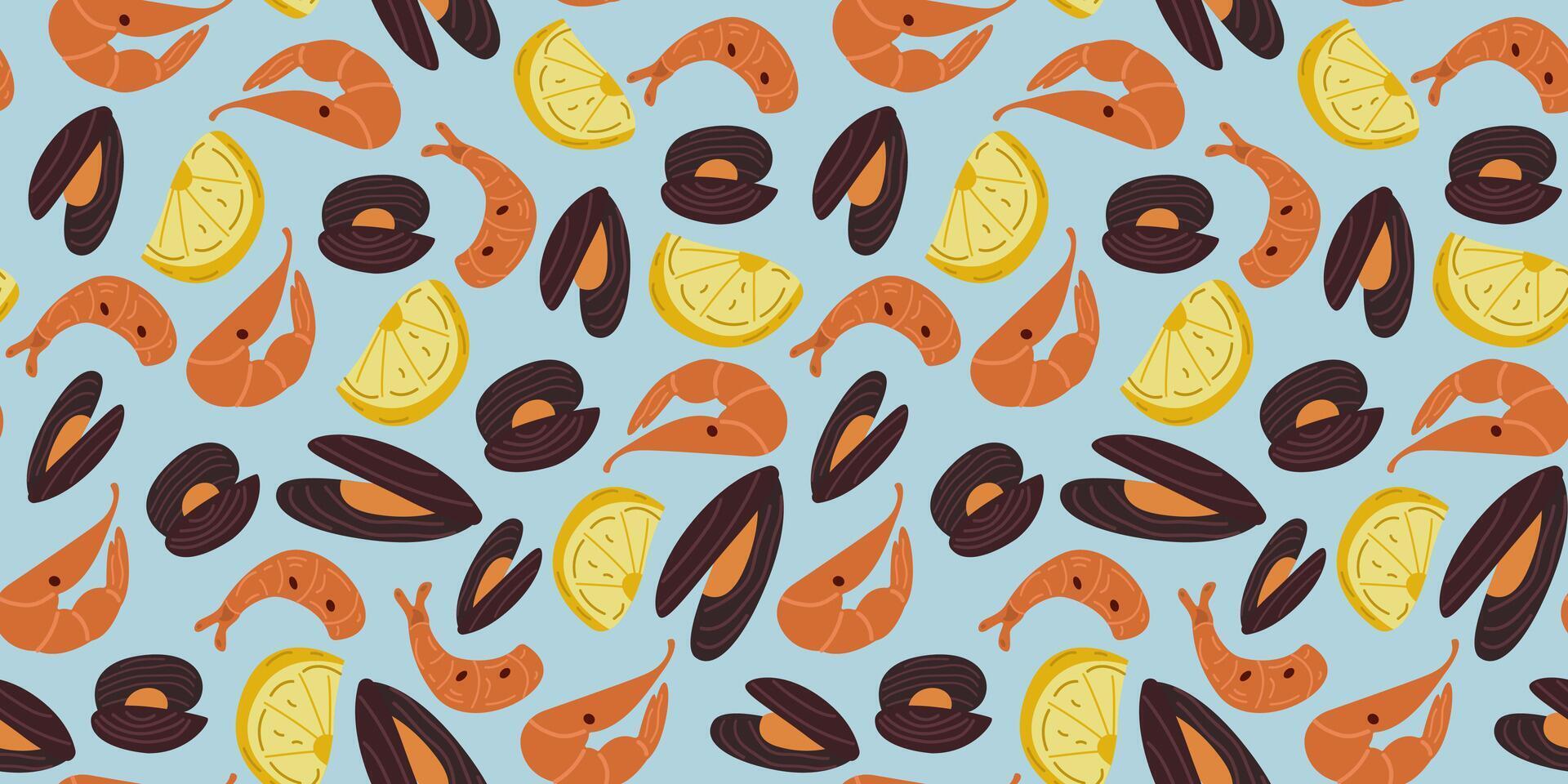 Colorful seafood and lemon pattern background vector
