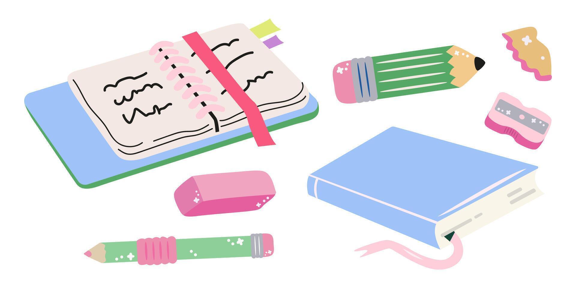 Cute pastel textbooks, notebooks, backpack, pencils. All for learning. illustration vector