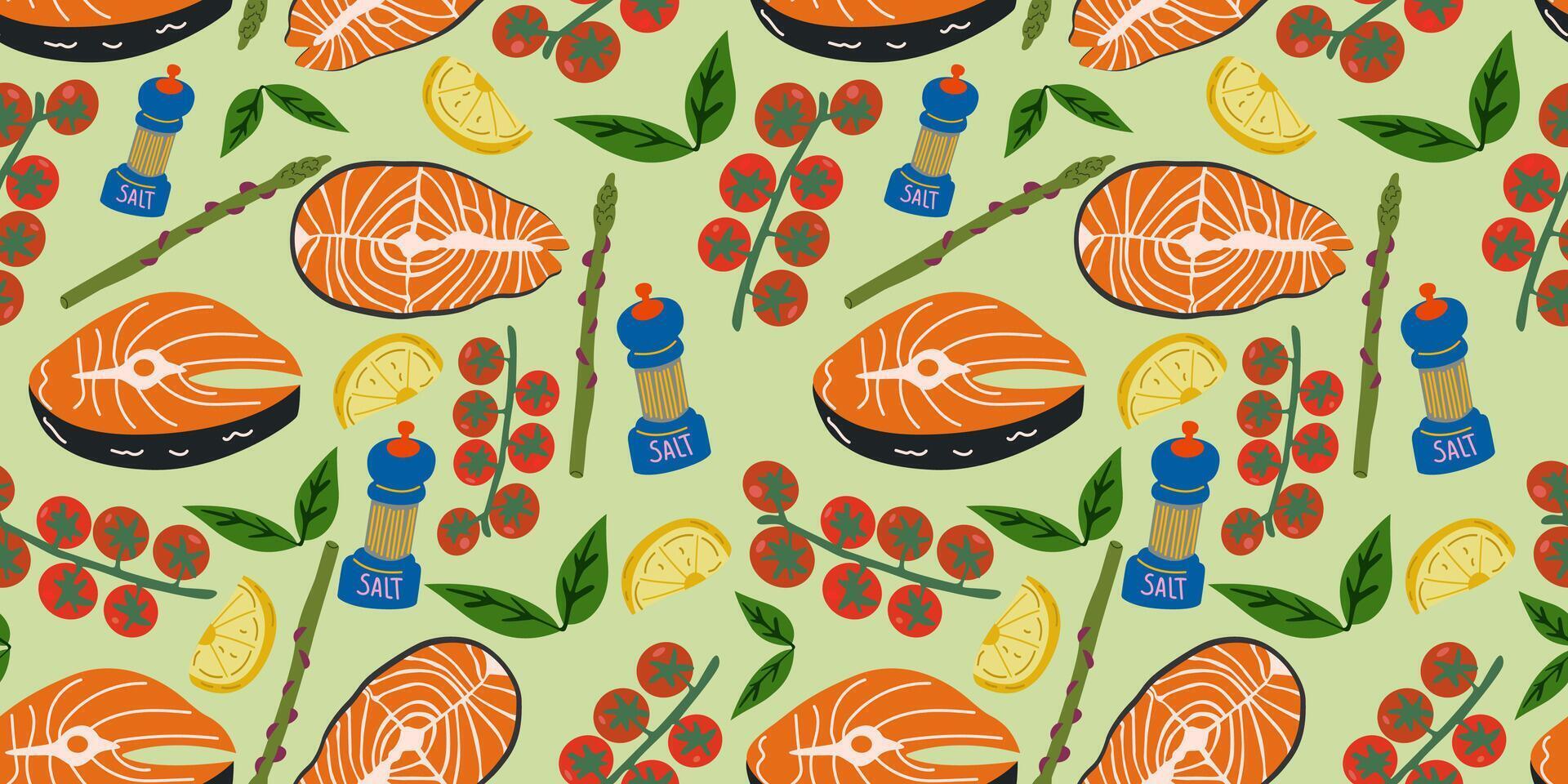 Illustration of salmon and vegetables pattern vector
