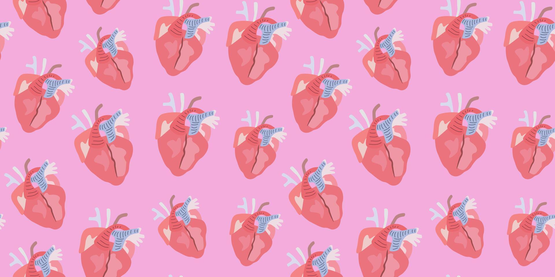 Seamless pattern with cartoon flat human internal organs. Human heart. Inner body parts. background for wrapping and gift paper, print, textile, wallpaper vector