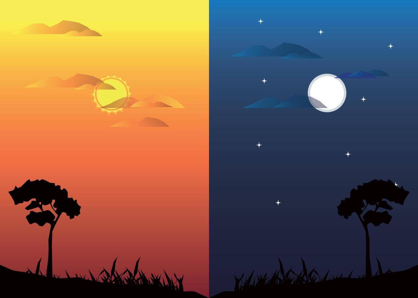 Day and night meadow view background vector