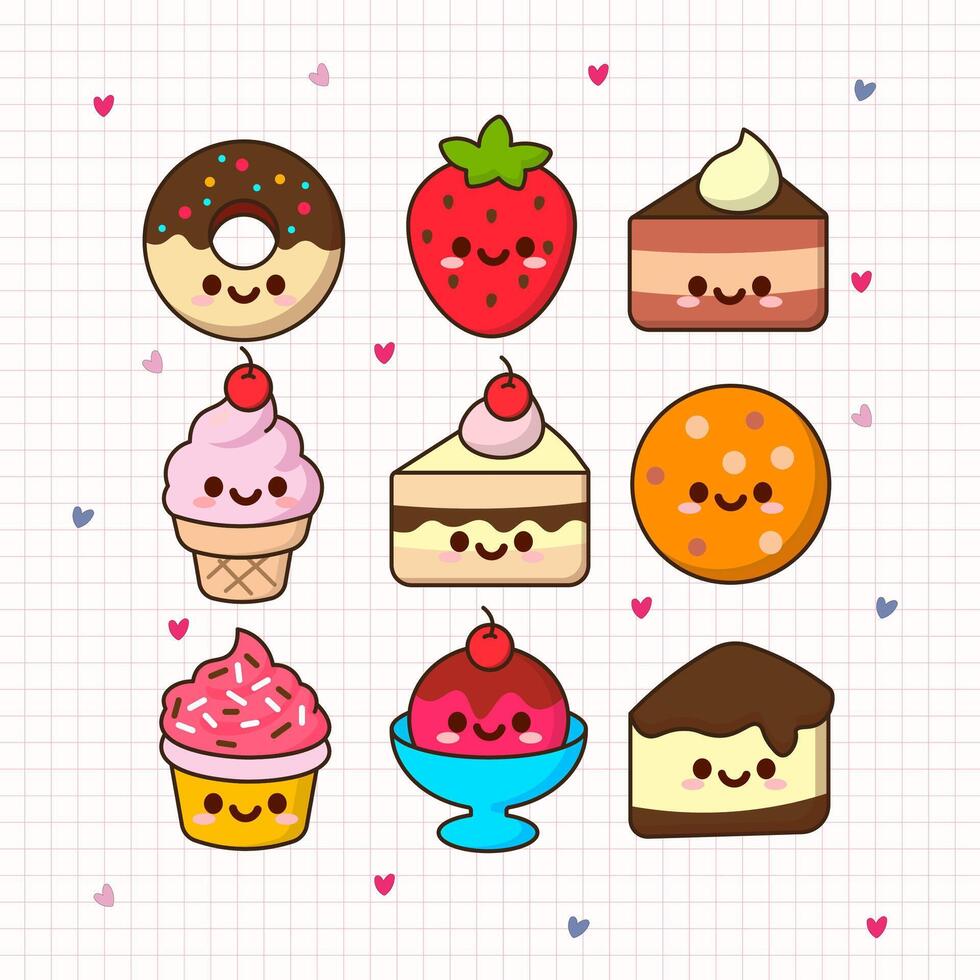 Colorful kawaii desserts with happy faces vector