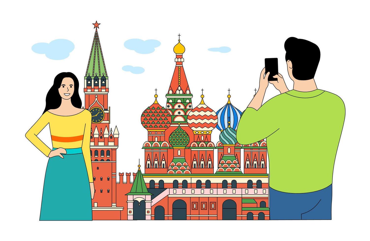 A guy takes a photo of a girl against the backdrop of the Kremlin and St. Basil's Cathedral in Moscow. vector