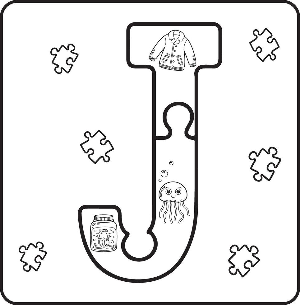 Letter J Puzzle Alphabet with Objects kids coloring books for kids vector