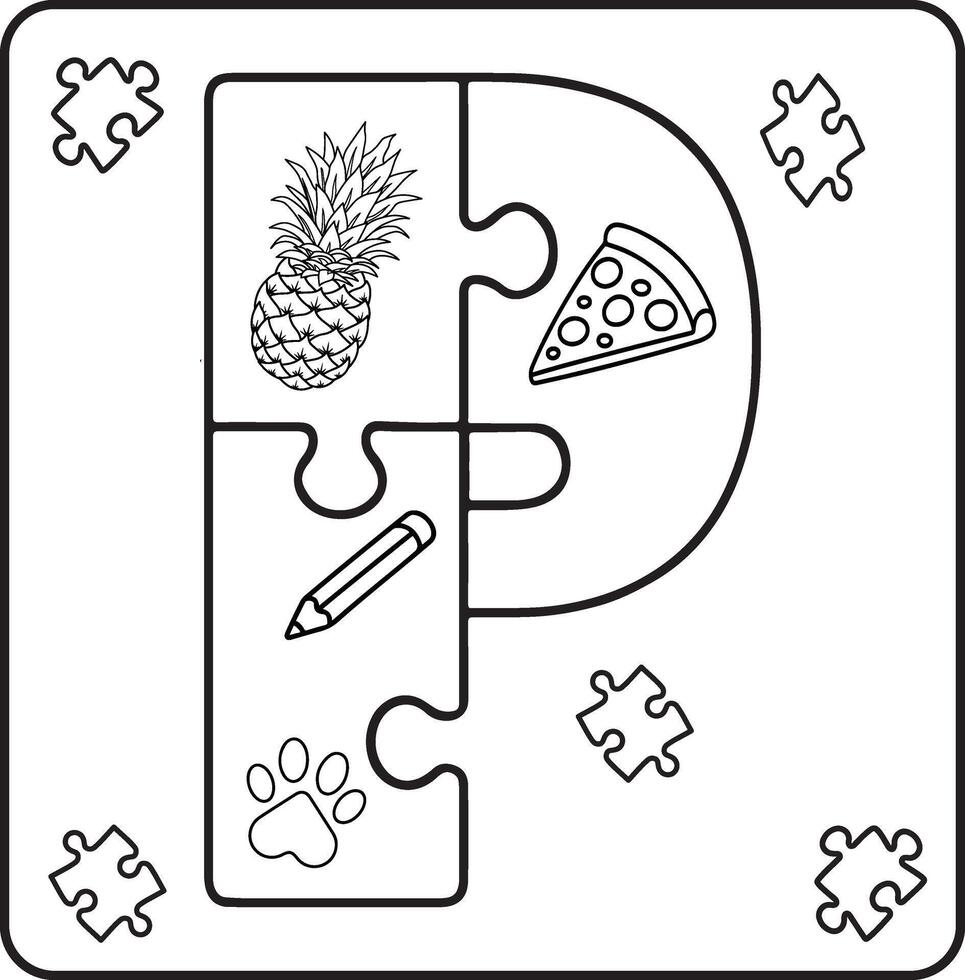 Letter P Puzzle Alphabet with Objects kids coloring books for kids vector