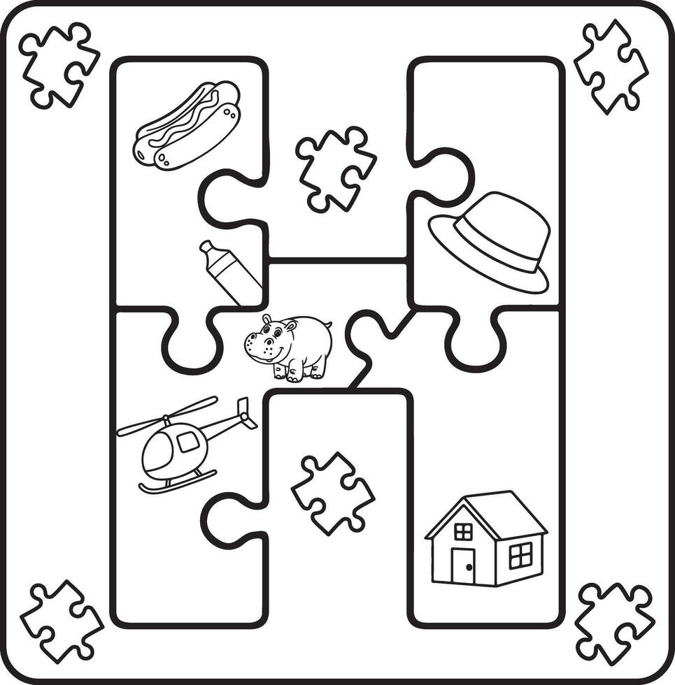 Letter H Puzzle Alphabet with Objects kids coloring books for kids vector