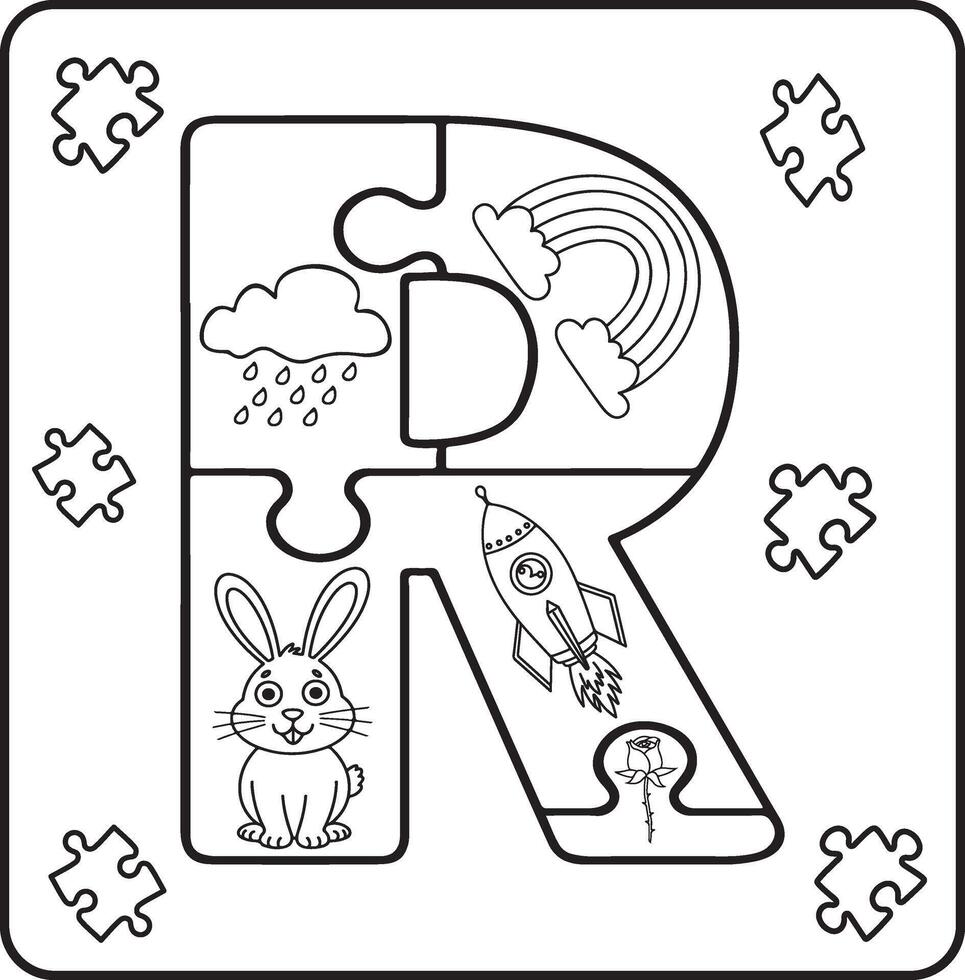 Letter R Puzzle Alphabet with Objects kids coloring books for kids vector