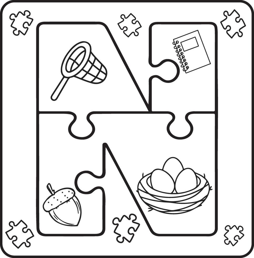 Letter N Puzzle Alphabet with Objects kids coloring books for kids vector
