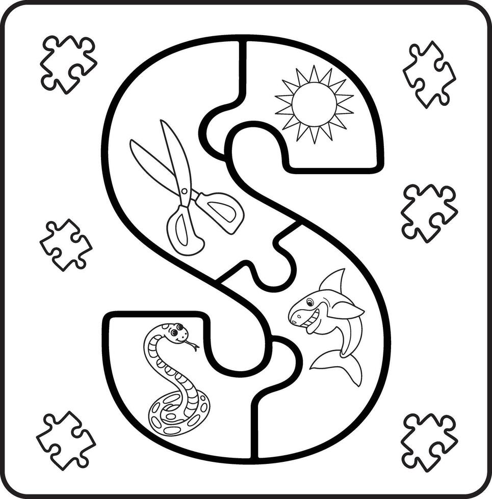 Letter S Puzzle Alphabet with Objects kids coloring books for kids vector