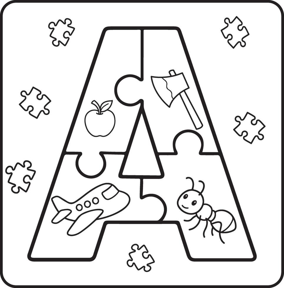 Letter A Puzzle Alphabet with Objects kids coloring books for kids vector