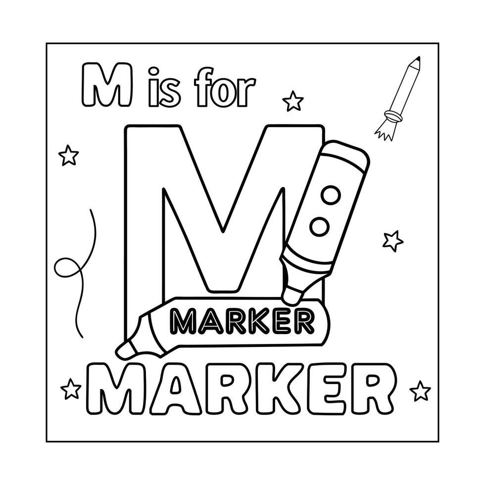 M alphabet with objects Coloring Page for Kids vector