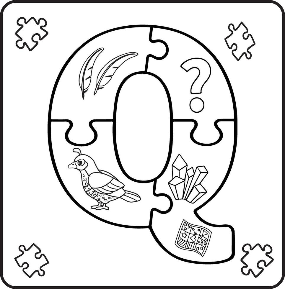 Letter Q Puzzle Alphabet with Objects kids coloring books for kids vector