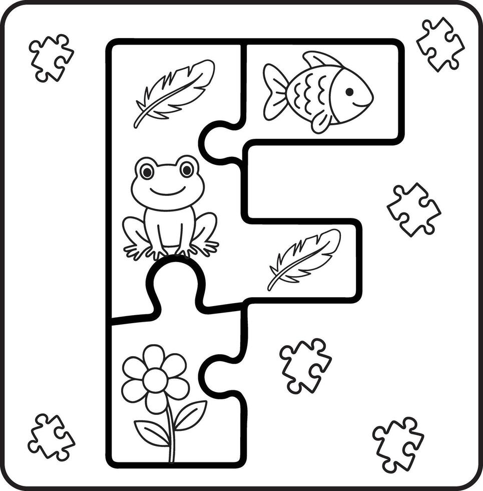Letter F Puzzle Alphabet with Objects kids coloring books for kids vector