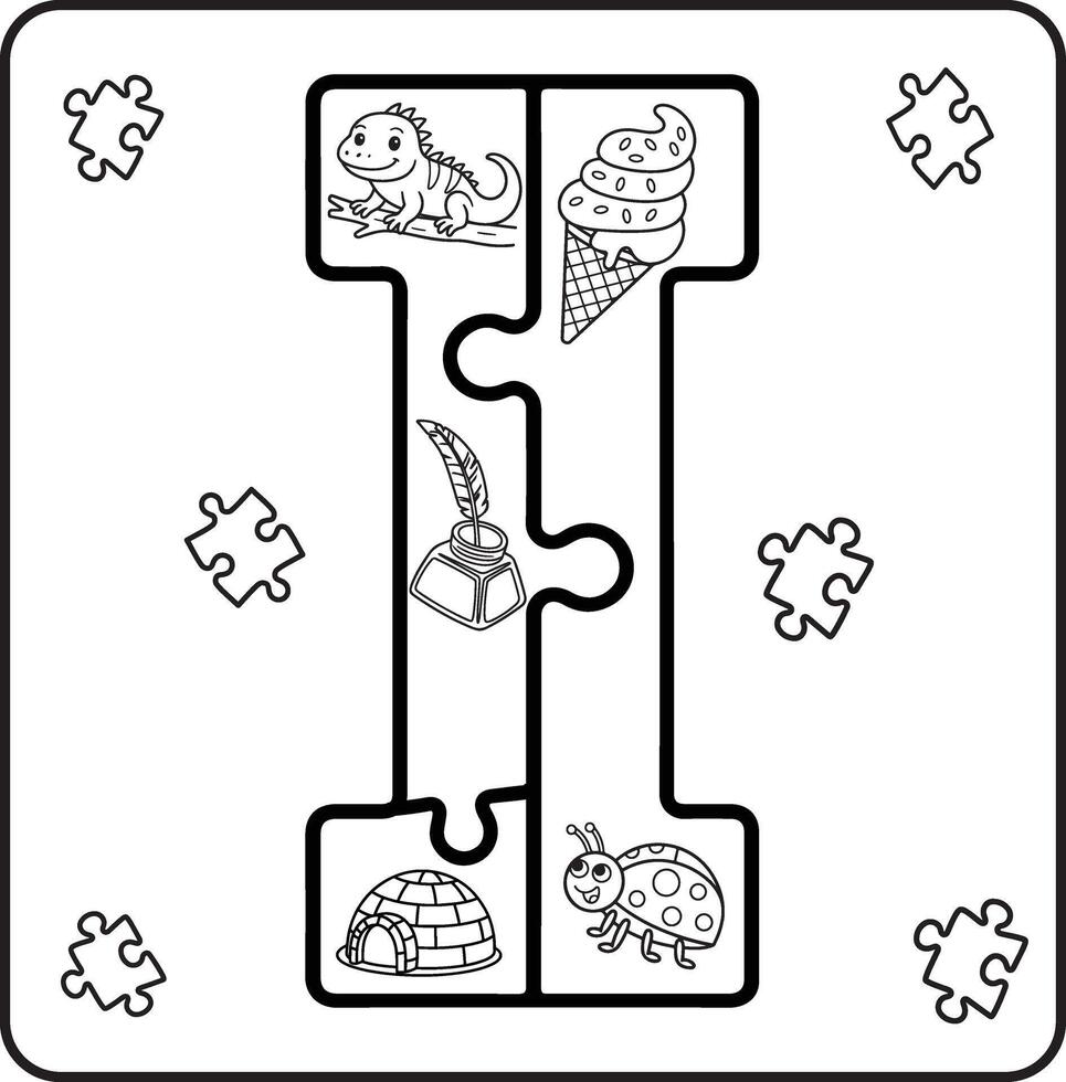 Letter I Puzzle Alphabet with Objects kids coloring books for kids vector