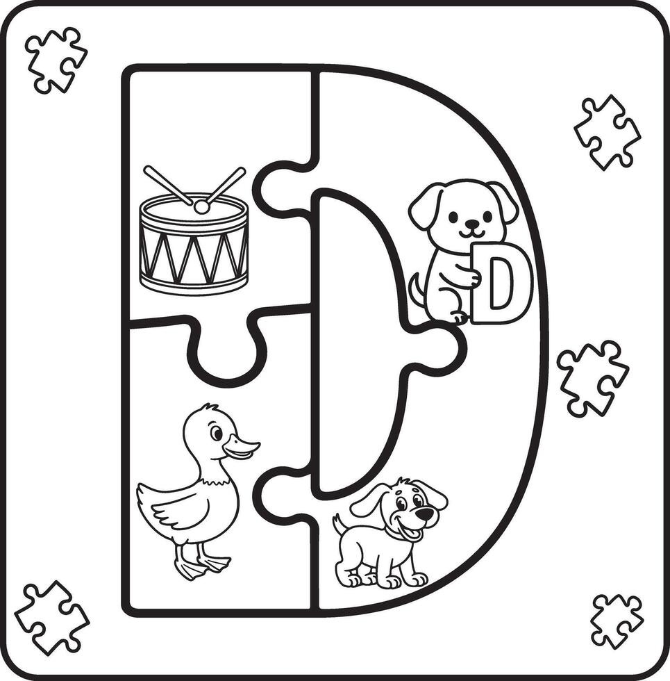 Letter D Puzzle Alphabet with Objects kids coloring books for kids vector