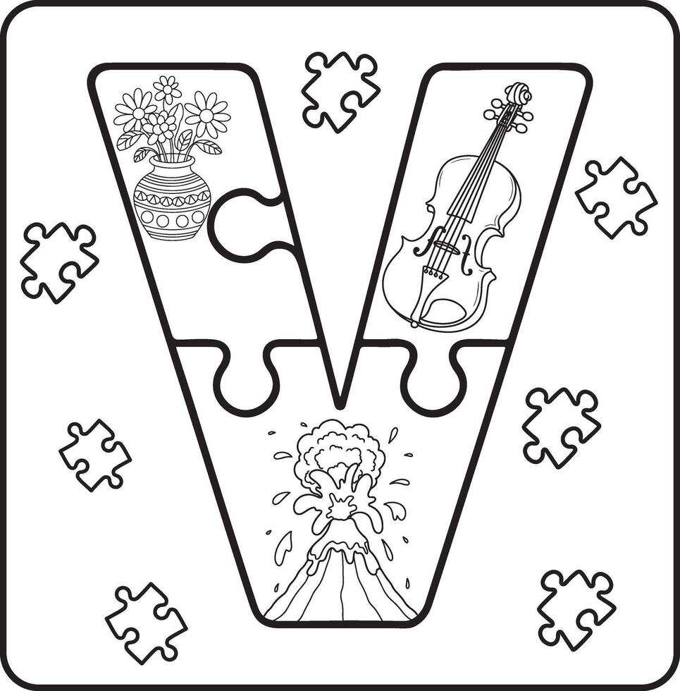 Letter V Puzzle Alphabet with Objects kids coloring books for kids vector