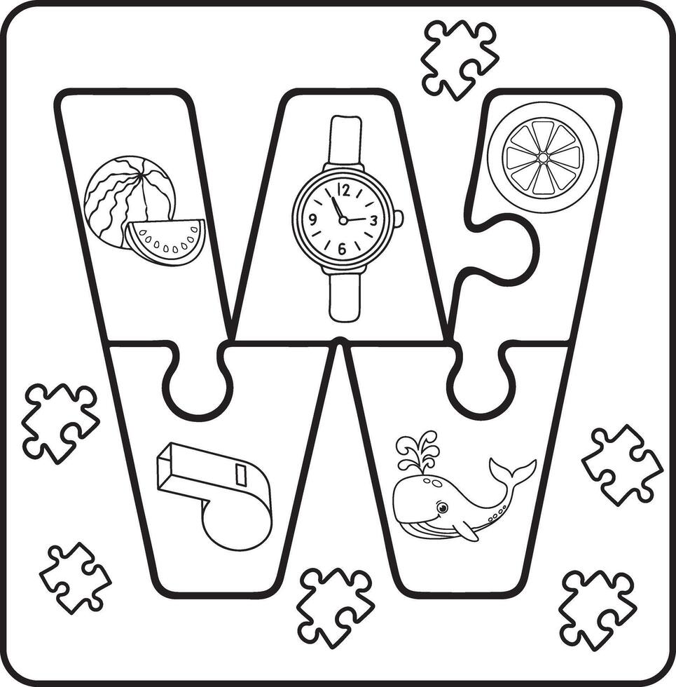 Letter W Puzzle Alphabet with Objects kids coloring books for kids vector