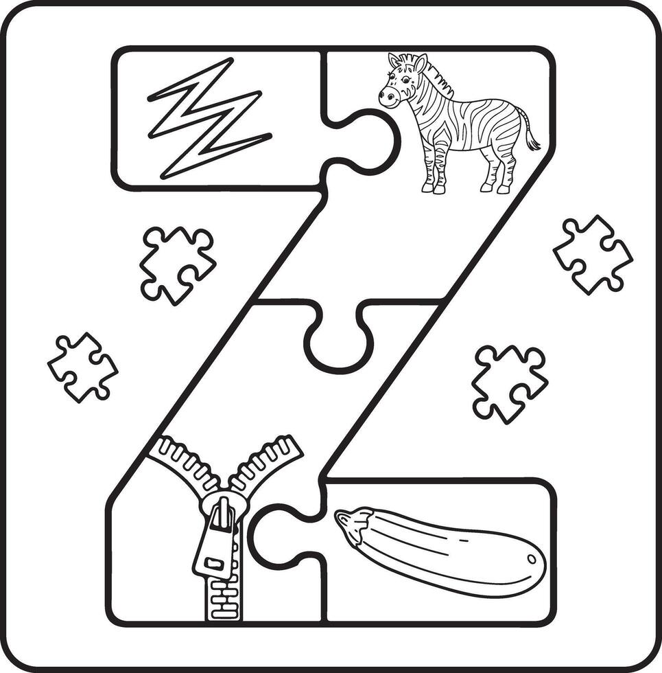 Letter Z Puzzle Alphabet with Objects kids coloring books for kids vector