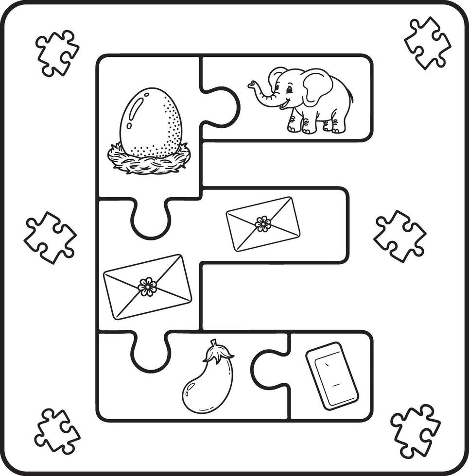 Letter E Puzzle Alphabet with Objects kids coloring books for kids vector