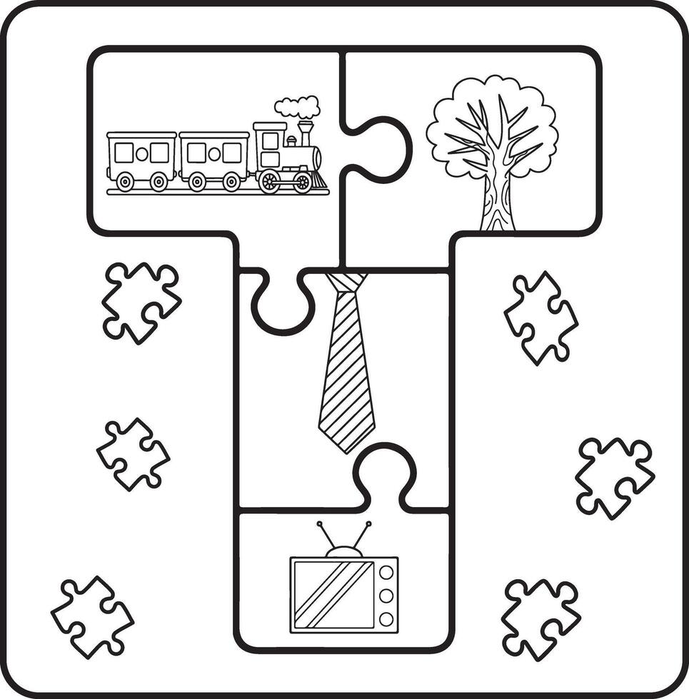 Letter T Puzzle Alphabet with Objects kids coloring books for kids vector