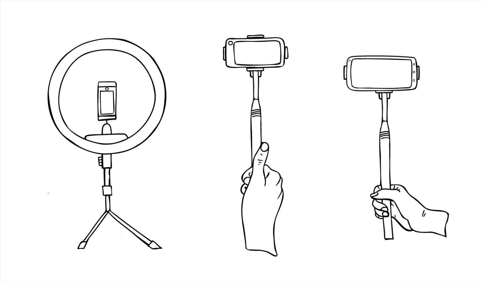 Ring light and hands holding smartphone on monopod illustration painted by black inks. portable tools set for content creator, photography equipment guide, social media marketing visual. vector