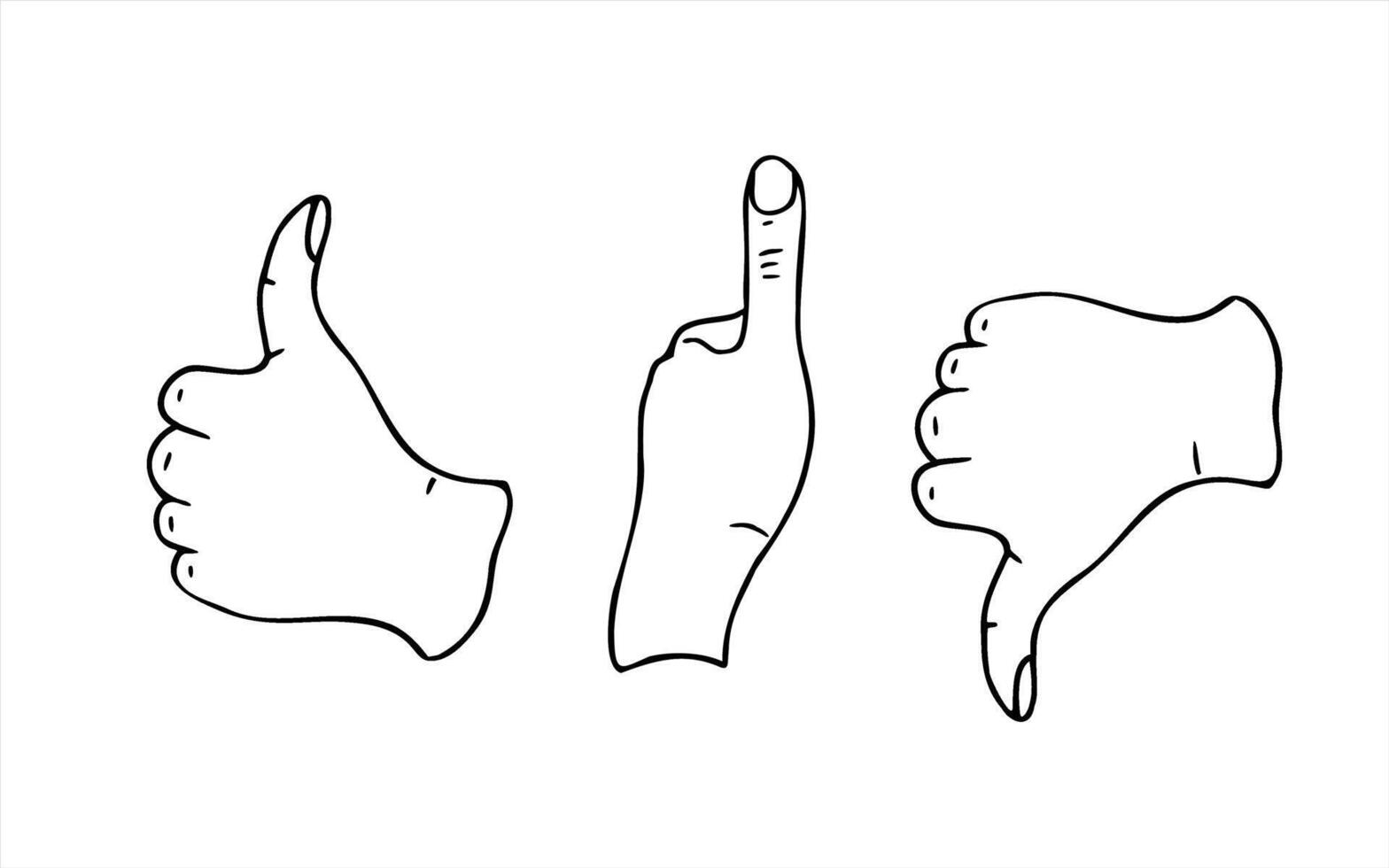 Black and white drawing of hand gestures showing like, OK and dislike signs. Finger giving thumbs up, the rest of the fingers are clenched into fist illustration. For social media vector
