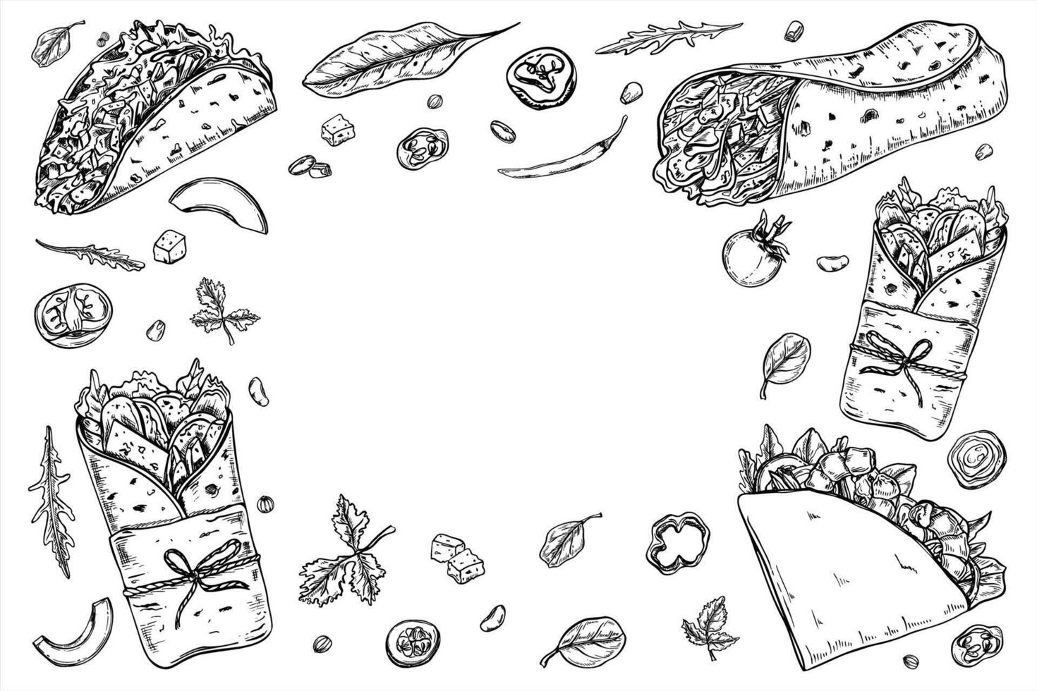 Tacos and burrito filling with vegetables, salad leaves frame in black and white. Traditional Mexican take away corn tortilla etching drawing for menu design, food packaging, healthy eating vector
