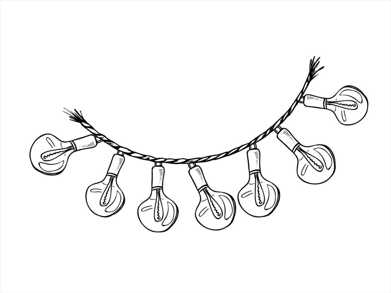 Monochrome light bulb garland on rope illustration painted by black inks. Christmas, Diwali, Chinese New Year, and Mexican festival decor. For holiday design, wedding backdrop, party invite vector