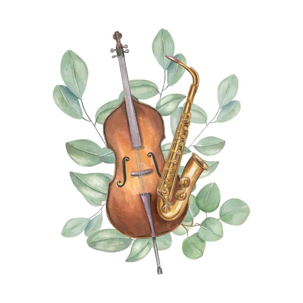 Cello and saxophone with leaves vector