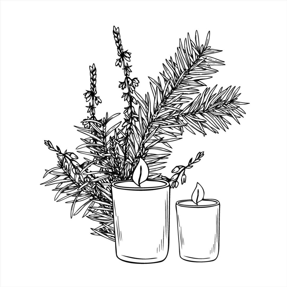 Scandinavian Christmas monochrome illustration painted by black inks. Candles in glass cups with fir branches and heather. For holiday design, festive decor, spa and wellness, aromatherapy vector