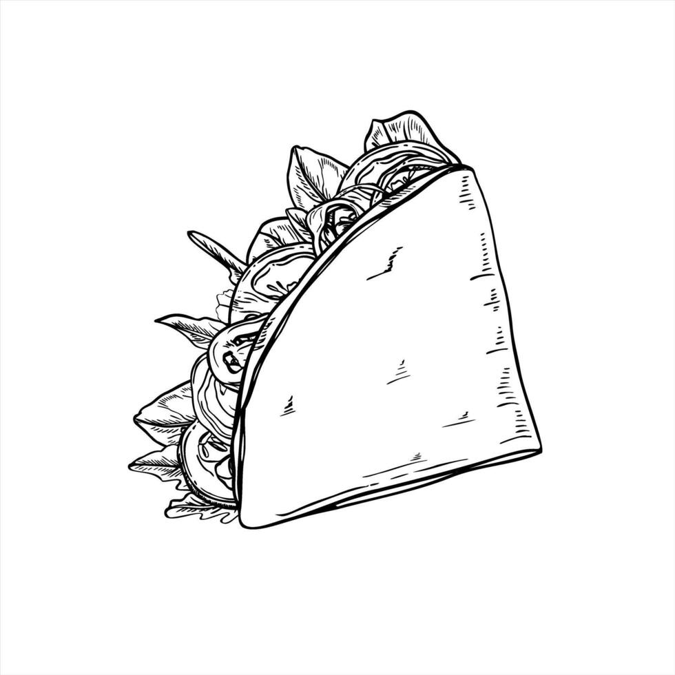 Round tortilla with vegetable filling, folded in quarters illustration painted by black inks. Street fast tortilla wrap food etching drawing for Mexican plant based food, vegan restaurant menu vector
