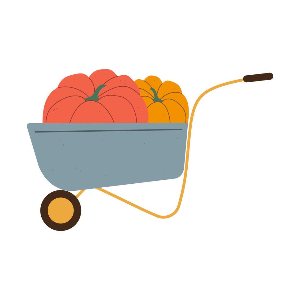 Isolated flat illustration of garden barrow with two pumpkins on white background. Cottagecore lifestyle. Texture effect vector