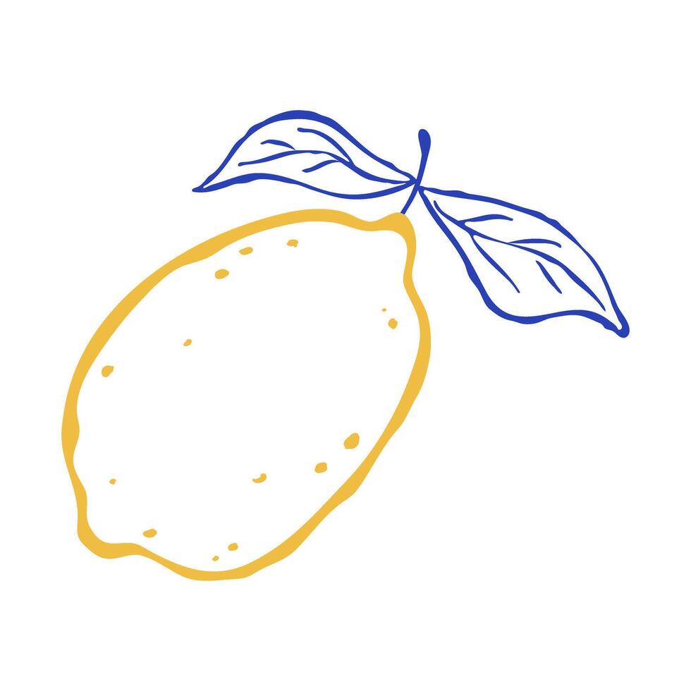 Flat illustration of single lemon with two leaves. Hand drawn line art italian style. Citrus tropical fruits. Use for print, logo vector