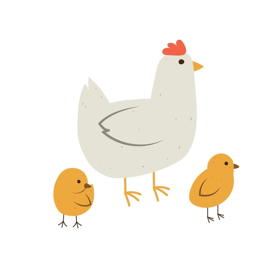 Isolated flat illustration of hen with two yellow chicks on white background. Cottagecore lifestyle. vector