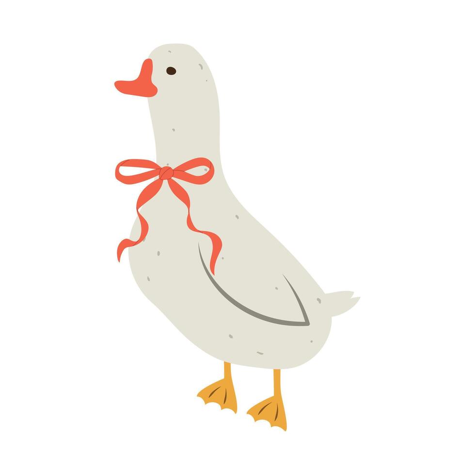 Isolated flat illustration of goose with red ribbon on the neck on white background. Cottagecore lifestyle. vector
