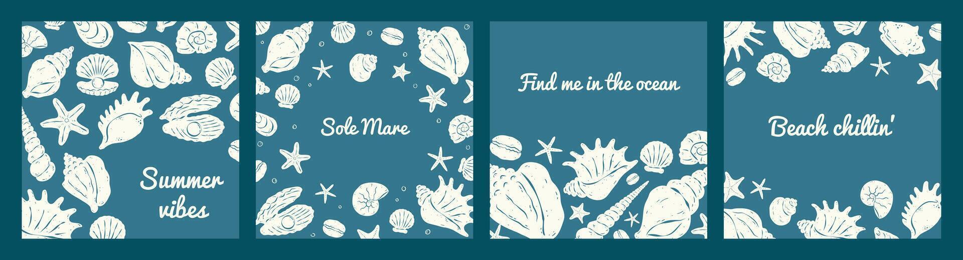 seashells and text on blue green background. Rough lines and italian sketch style. Flat illustration. Perfect for poster, cover, sCollection of square cards with hand drawn ocial media. vector