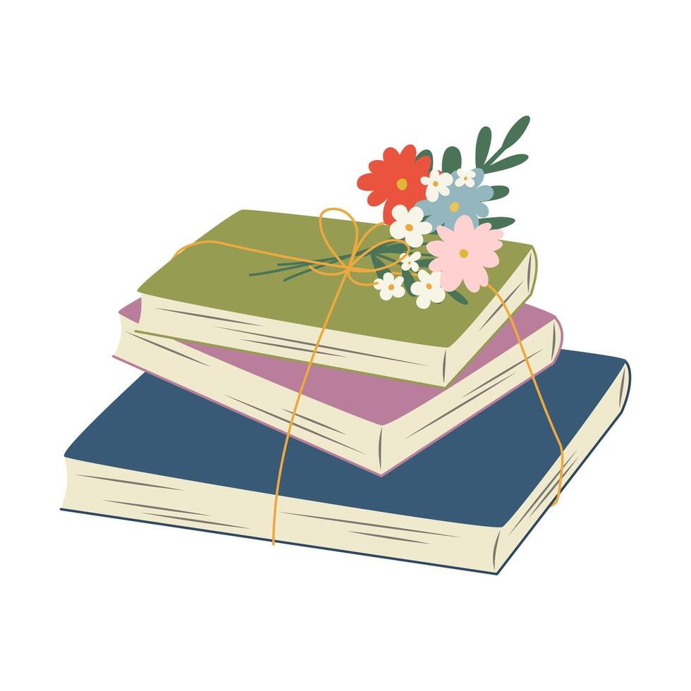 Isolated flat illustration of stack of the books with wildflower bouquet on white background. Rural lifestyle. vector