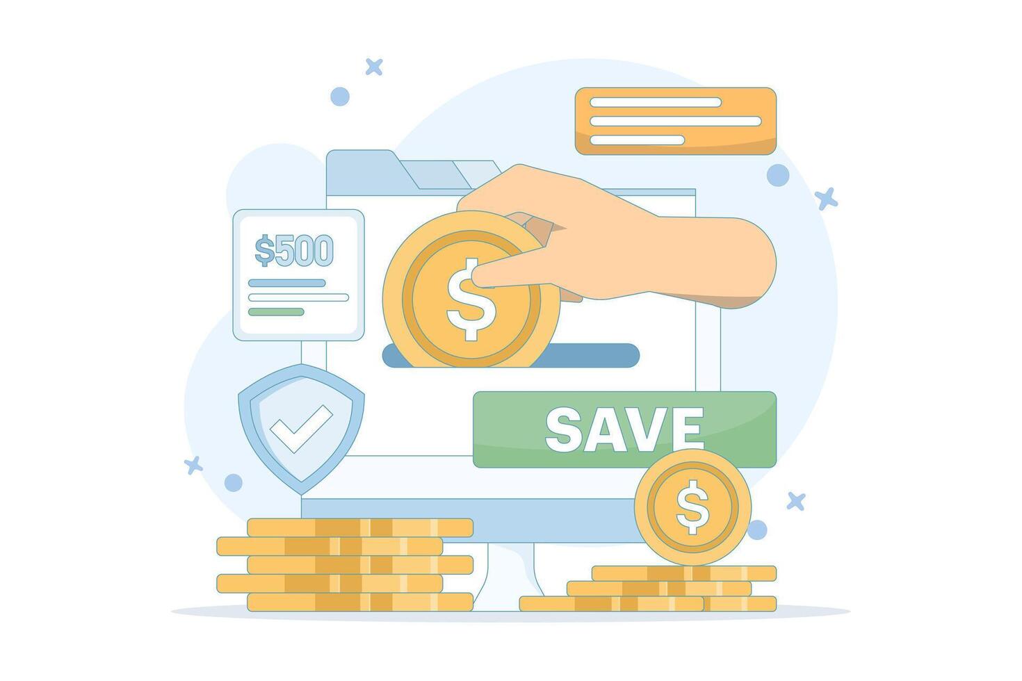 Hand saving money online with coins vector