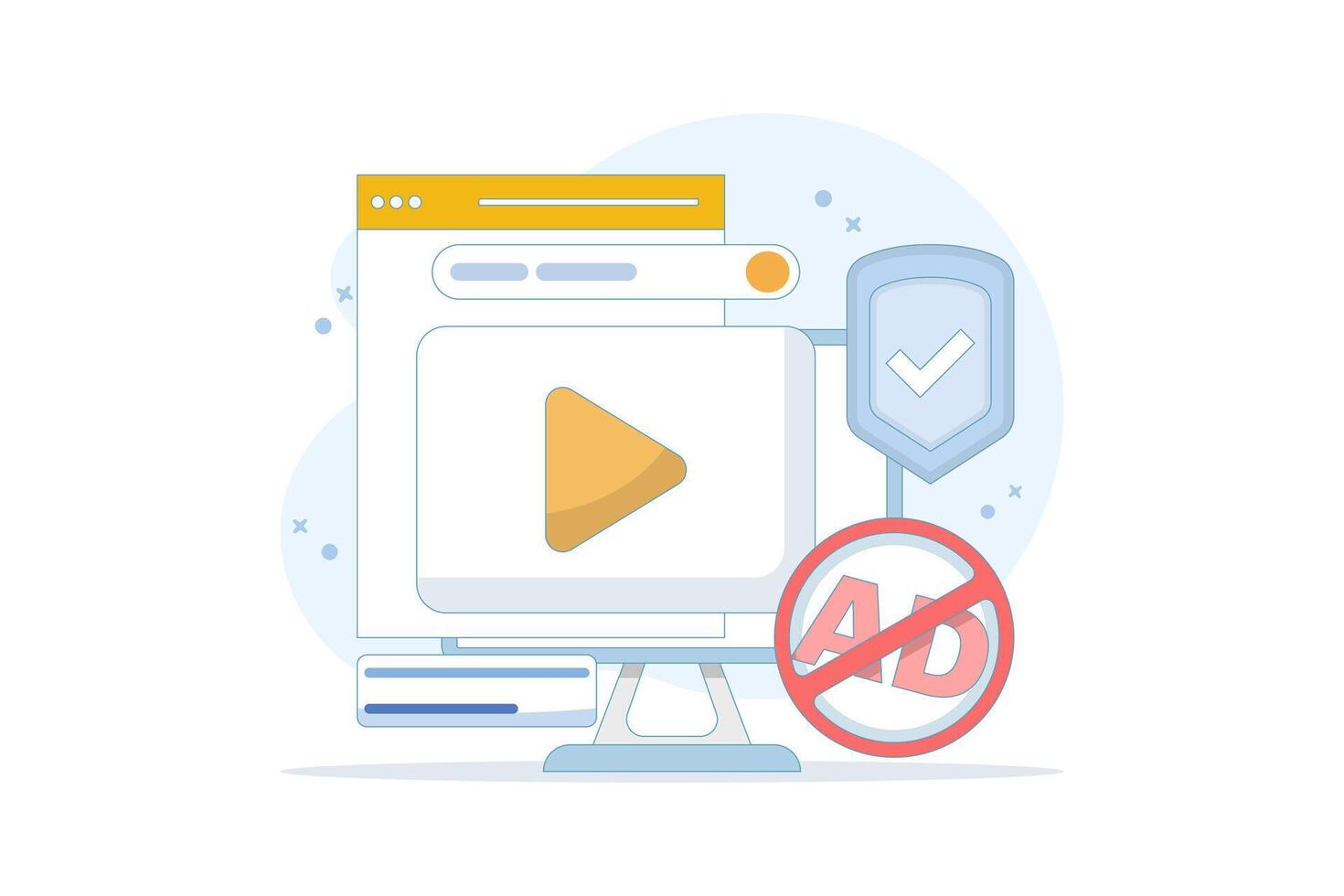 Concept of protection from harmful videos. Ad blocking, pop-up ad blocker. ad filtering tool. protective symbols and videos. anti-pop-up. safe viewing. flat design illustration in the background. vector