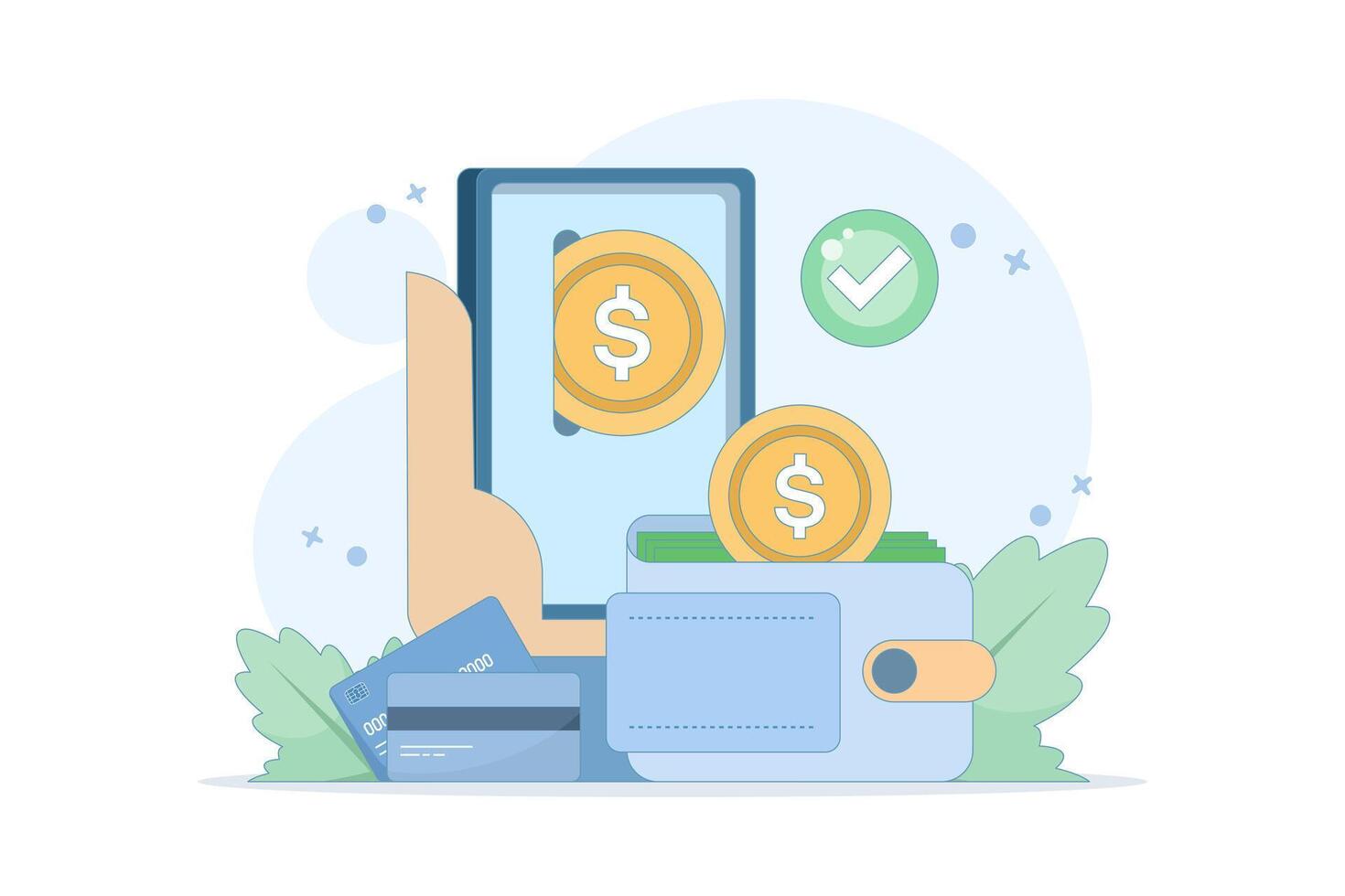Concept of e-wallet or electronic wallet. Safe storage of money. Virtual bank electronic wallet. Saving money in digital form. Financial transactions using mobile phones. Flat style design. vector