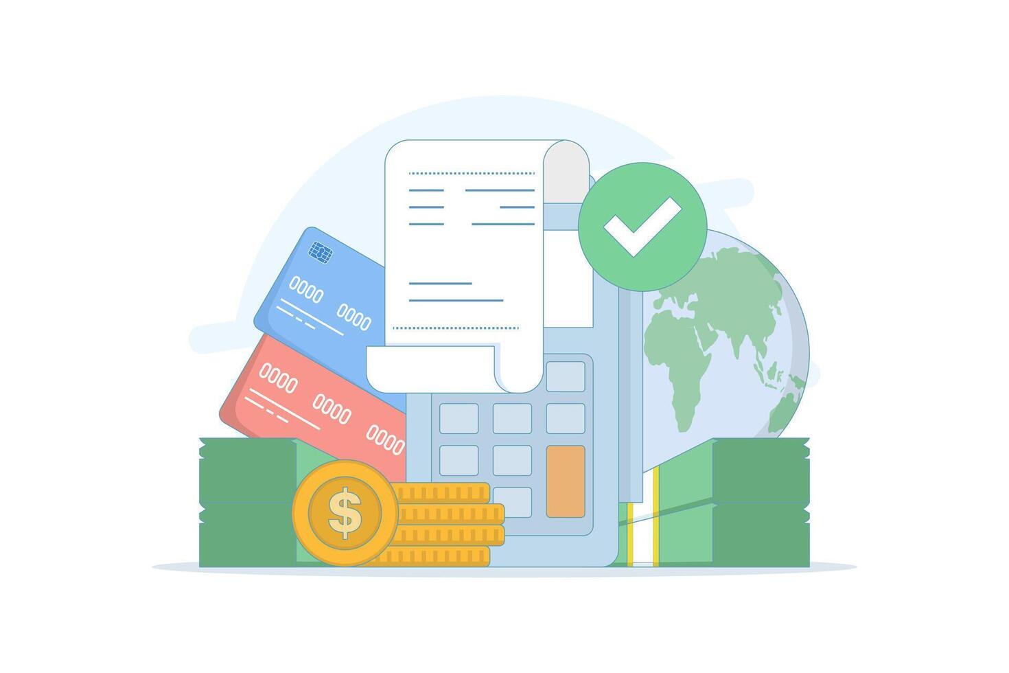 Money management, finance concept. Saving cash, personal finance management and savings. Card swipe machine with money. Flat style design illustration on isolated background. vector