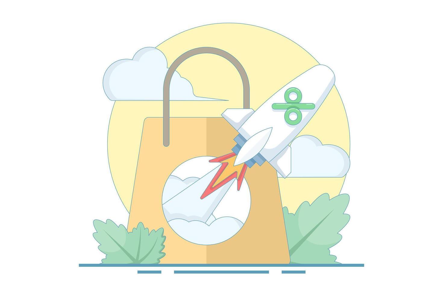 E-commerce sales strategy concept. Rocket with percentage symbol shooting up for discount, sales growth and marketing boost. Ideal for business, fashion, retail and marketing. Design illustration. vector