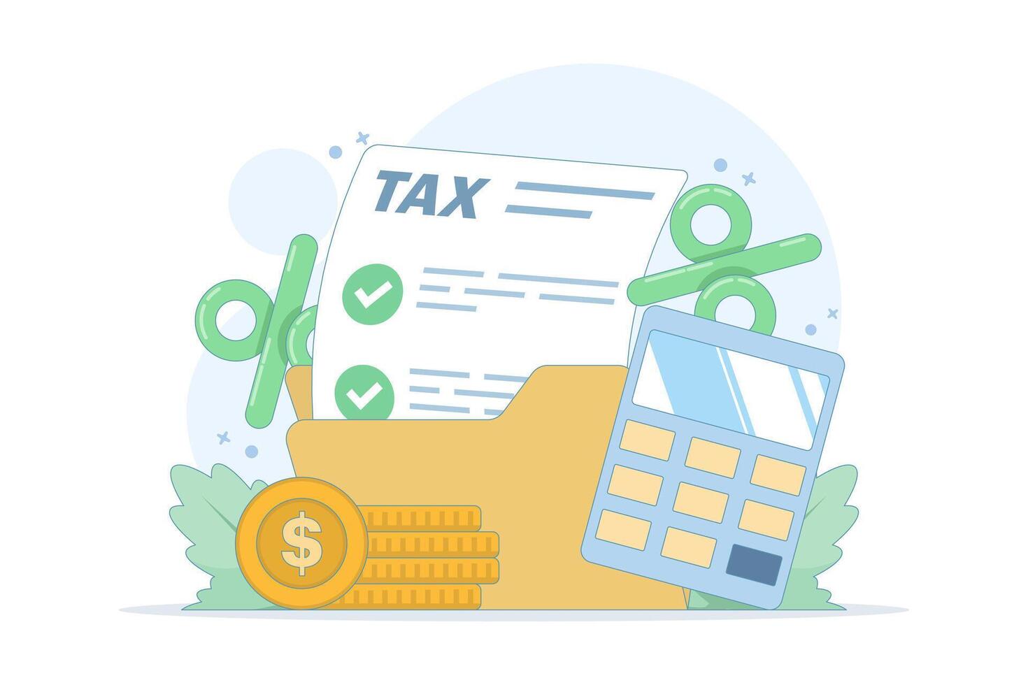 Tax calculation concept. Tax payment. Data analysis, documents, financial research reports and tax return calculation. Income or profit management, tax calculation. Flat style design. vector