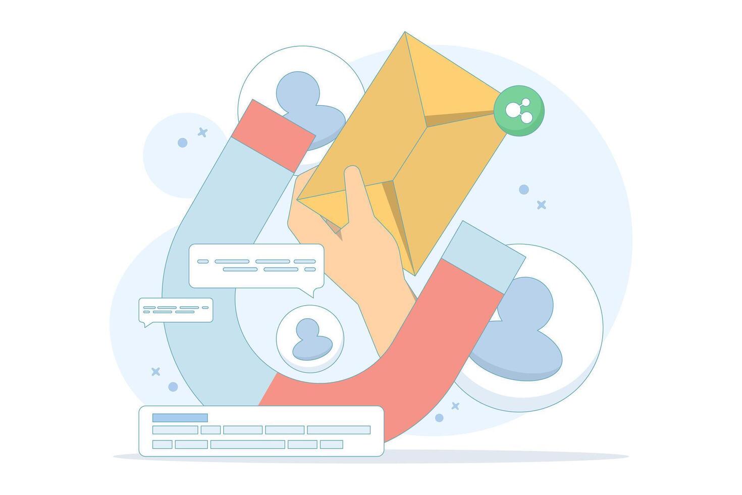 Email marketing strategy concept. subscribe to newsletter or send online promotions to attract customers to website, communication and advertising. flat design illustration on background. vector