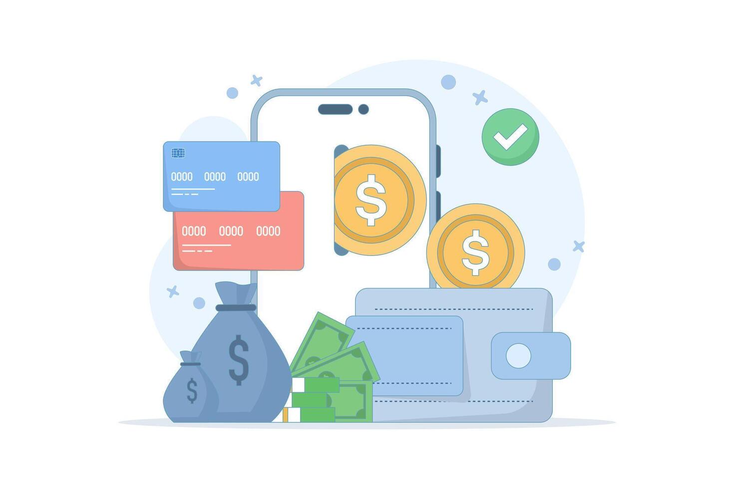 Concept of e-wallet. Safe storage of money. Virtual bank e-wallet. Saving money in digital form. Financial transactions using mobile phones. Flat design. vector